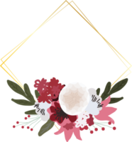 beautiful red and white flower bouquet with golden geometric frame flat style png