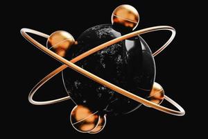 Closeup golden balls and rings around dark marble sphere at dark background. 3d render photo