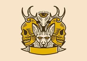 Brown yellow color of a cat with deer antlers and two skulls beside it vector