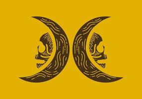 Retro line art design of a moon and skull vector