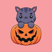 lindo gato calabaza halloween dibujos animados mascota garabato arte dibujado a mano concepto vector kawaii icono ilustración