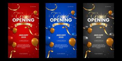 Grand opening luxury banner social media stories collection with golden ribbon and glossy balloons vector