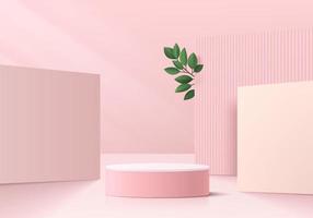 Realistic 3D pink, white cylinder pedestal podium with square shape scene background and green leaf. Vector abstract room, Geometric form. Minimal scene for products showcase, Stage promotion display.