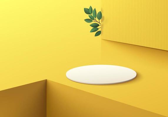 Realistic 3D white cylinder pedestal podium on yellow background and groove corner. Abstract minimal scene for product display presentation. Vector geometric rendering forms design. Stage showcase.