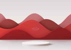 Realistic 3D white cylinder pedestal podium with dark red wavy layers paper cut style background. Abstract geometric minimal scene for mockup products display, Round stage for showcase. Vector EPS10.