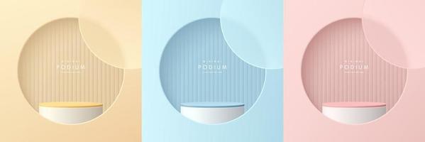 Set of pink, yellow, blue, white realistic 3d cylinder stand podium in round window. Vector abstract studio room with geometric platform. Minimal scene for mockup products showcase, Promotion display.