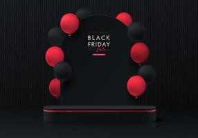 Realistic 3D black, red round pedestal podium with arch shape background and red balloon. Black friday sale concept, Vector abstract minimal wall scene for products stage showcase, Promotion display.