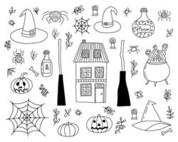 Hand drawn Halloween doodle elements set. Pumpkin, spider, potion bottle, witch hat, broom and bone sketch vector