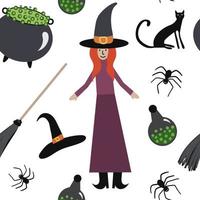 Vector Halloween seamless pattern. Witch, pot with green potion, cat, skull, spider, spider's web, pumpkin. Design for Halloween decor, textile, wrapping paper, wallpapers, sticker, greeting cards.
