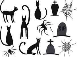 Vector Halloween elements set. Black cats, spider, spider's net, grave. Design for Halloween decor, textile, wrapping paper, wallpapers, sticker, greeting cards.