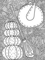 Vector Halloween coloring page with witch hat, pumpkins and broom. Mistery coloring page for children and adults