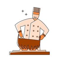 ilustración de un chef cocinando mariscos usando un estilo de esquema de diseño plano vector