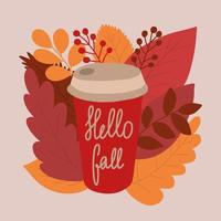 Coffee mug vector illustration with autumn leaves behind. Hello fall vector mug with hot drink illustration.