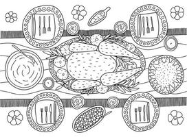 Coloring page with Thanksgiving turkey dinner table top view. Vector overhead view table with turkey and pumpkin pie coloring page