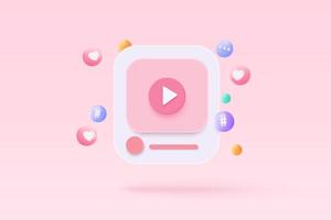 3d social media with live streaming and emotion on frame in pink background. Social media online playing video for make money passive income concept. 3d live entertainment vector render illustration