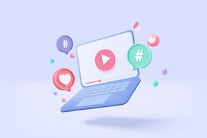 3d social media with live streaming and emotion on notebook in blue background. Social media online playing cinema video on screen display concept. 3d live entertainment vector render illustration