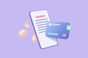 3d pay money with mobile phone banking online payments concept. Bill on smartphone transaction with credit card. Mobile with financial paper on background. 3d bill payment vector icon illustration