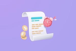 3D vector bill with clock alarm for payment transaction with money coin. Business invoice bill expenses idea concept. 3d vector render paper receipt for shopping in store isolate purple background