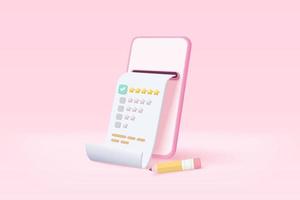 3d rating five stars for best excellent rating in mobile phone . 5 star for quality customer rating feedback concept. Phone task todo check list, product review icon. 3d vector render illustration