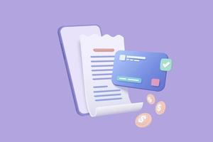 3d pay money with mobile phone banking online payments concept. Bill on smartphone transaction with credit card. Mobile with financial paper on background. 3d bill payment vector icon illustration