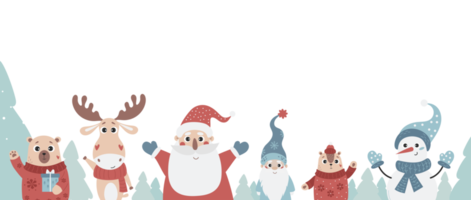 personajes de dibujos animados lindos de navidad santa claus, monigote de nieve, gnomo de hadas, animales divertidos png