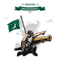 Pakistan Independence Day vector. Flat Design Patriotic soldier carrying Pakistan Flag. vector