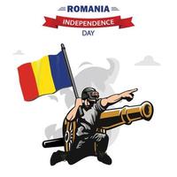 vector del día de la independencia de rumania. soldado patriótico de diseño plano que lleva la bandera de rumania.