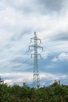 High voltage post against clear blue sky. photo