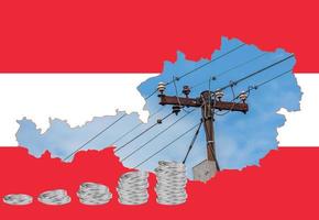 Outline map of Austria with the image of the national flag. Power line inside the map. Stacks of Euro coins. Collage. Energy crisis. photo