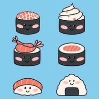 sushi ambientado en estilo kawaii. lindo sushi japonés con una sonrisa. ilustración vectorial estilo de dibujos animados logotipo del restaurante de sushi. colección divertido personaje de sushi. vector