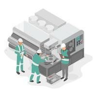 mechanical engineer setting machine factory layout isometric vector