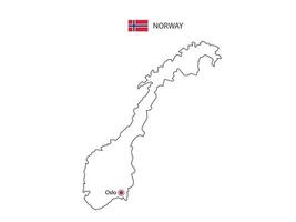 Hand draw thin black line vector of Norway Map with capital city Oslo on white background.