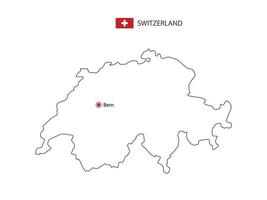 Hand draw thin black line vector of Switzerland Map with capital city Bern on white background.