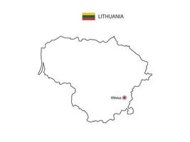 Hand draw thin black line vector of Lithuania Map with capital city Vilnius on white background.