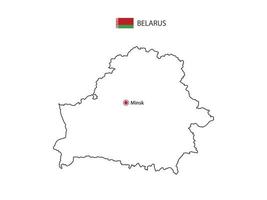 Hand draw thin black line vector of Belarus Map with capital city Minsk on white background.