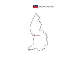 Hand draw thin black line vector of Liechtenstein Map with capital city Vaduz on white background.