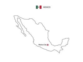 Hand draw thin black line vector of Mexico Map with capital city Mexico City on white background.