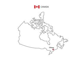 Hand draw thin black line vector of Canada Map with capital city Ottawa on white background.