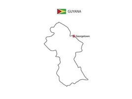 Hand draw thin black line vector of Guyana Map with capital city Georgetown on white background.