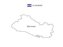 Hand draw thin black line vector of El Salvador Map with capital city San Salvador on white background.