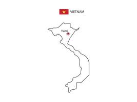 Hand draw thin black line vector of  Vietnam Map with capital city Hanoi on white background.