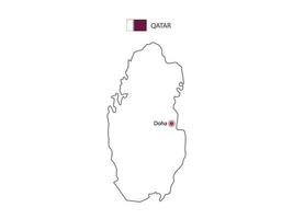 Hand draw thin black line vector of Qatar Map with capital city Doha on white background.