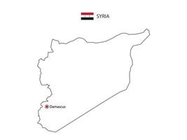 Hand draw thin black line vector of Syria Map with capital city Damascus on white background.