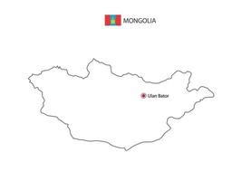 dibujar a mano el vector de línea negra delgada del mapa de mongolia con la ciudad capital ulan bator sobre fondo blanco.