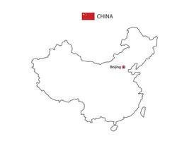 Hand draw thin black line vector of China Map with capital city Beijing on white background.