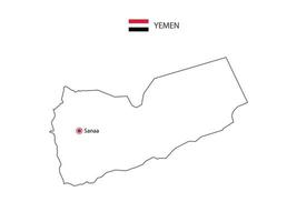 Hand draw thin black line vector of Yemen Map with capital city Sanaa on white background.