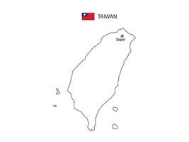 Hand draw thin black line vector of Taiwan Map with capital city Taipei on white background.