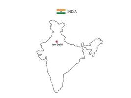 Hand draw thin black line vector of India Map with capital city New Delhi on white background.