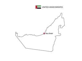 Hand draw thin black line vector of United Arab Emirates Map with capital city Abu Dhabi on white background.