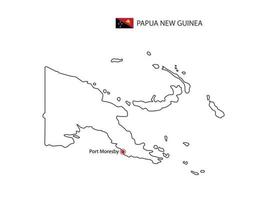 Hand draw thin black line vector of Papua New Guinea Map with capital city Port Moresby on white background.